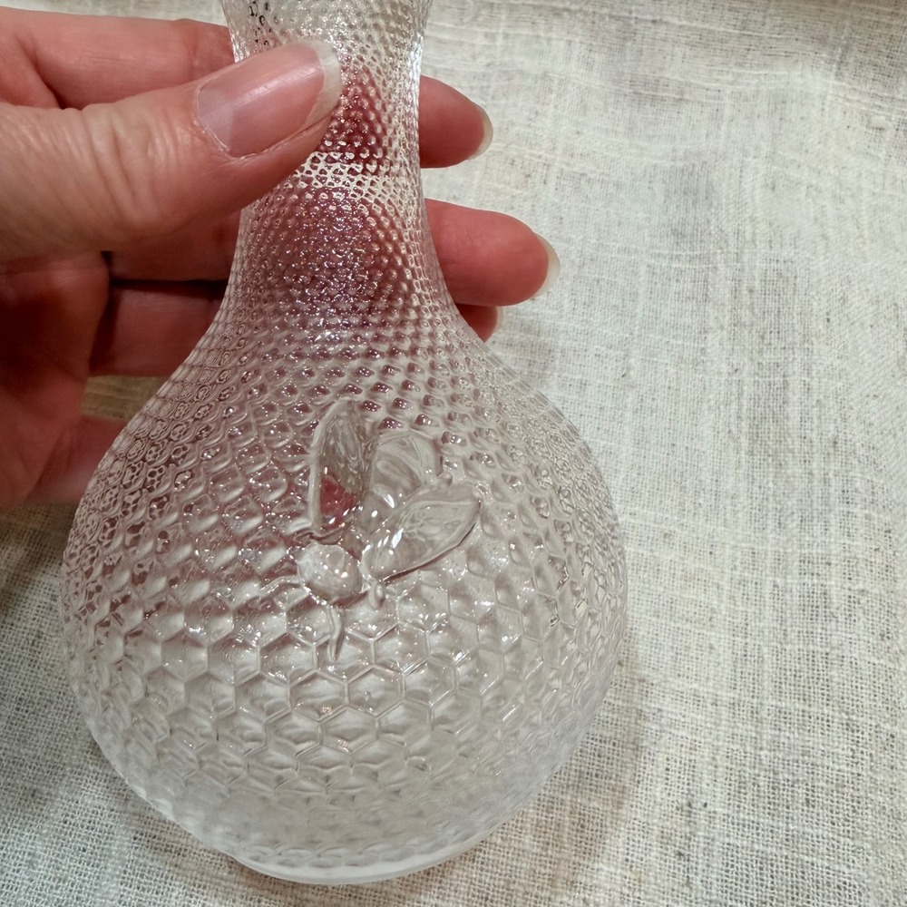 Vintage Clear Glass Honeycomb Bee Bud Vase Textured Round 5 Inch